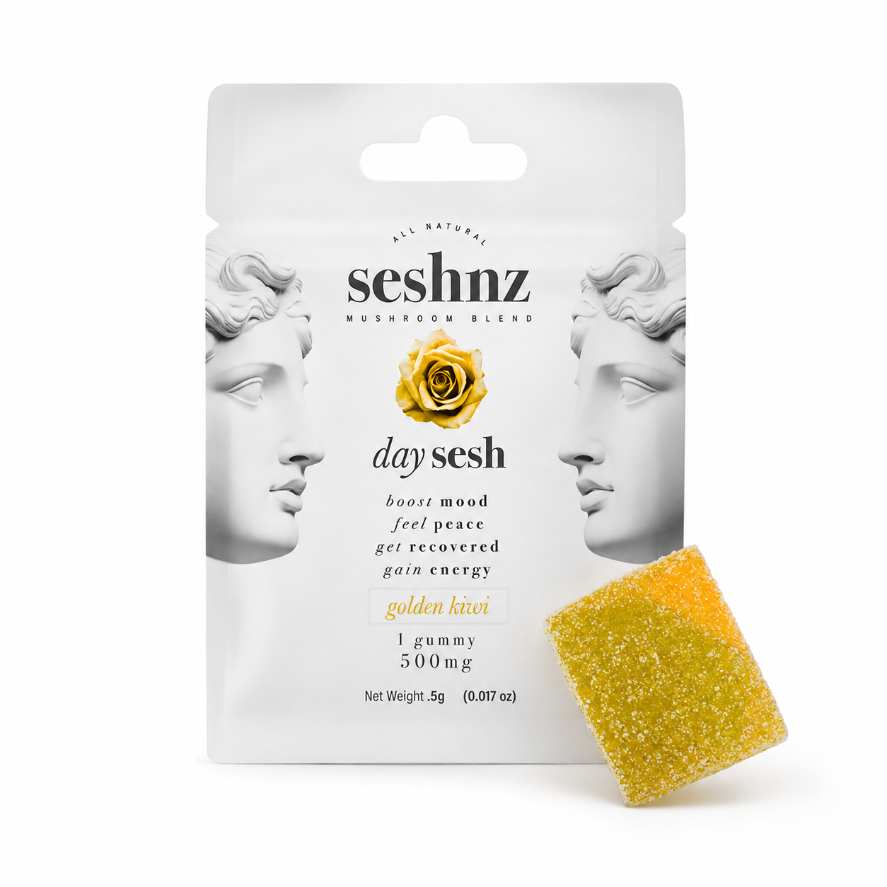 Seshnz Day Sesh Golden Kiwi functional mushroom gummy package with yellow gummy candy on a clean white background for premium mushroom edible branding