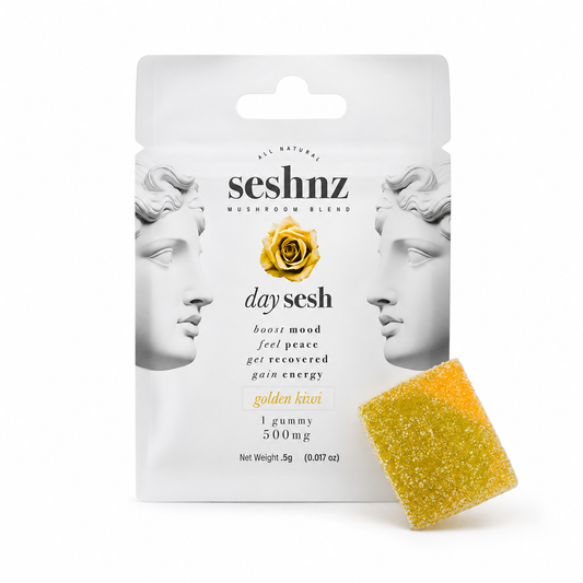 Seshnz Day Sesh Golden Kiwi functional mushroom gummy package with yellow gummy candy on a clean white background for premium mushroom edible branding