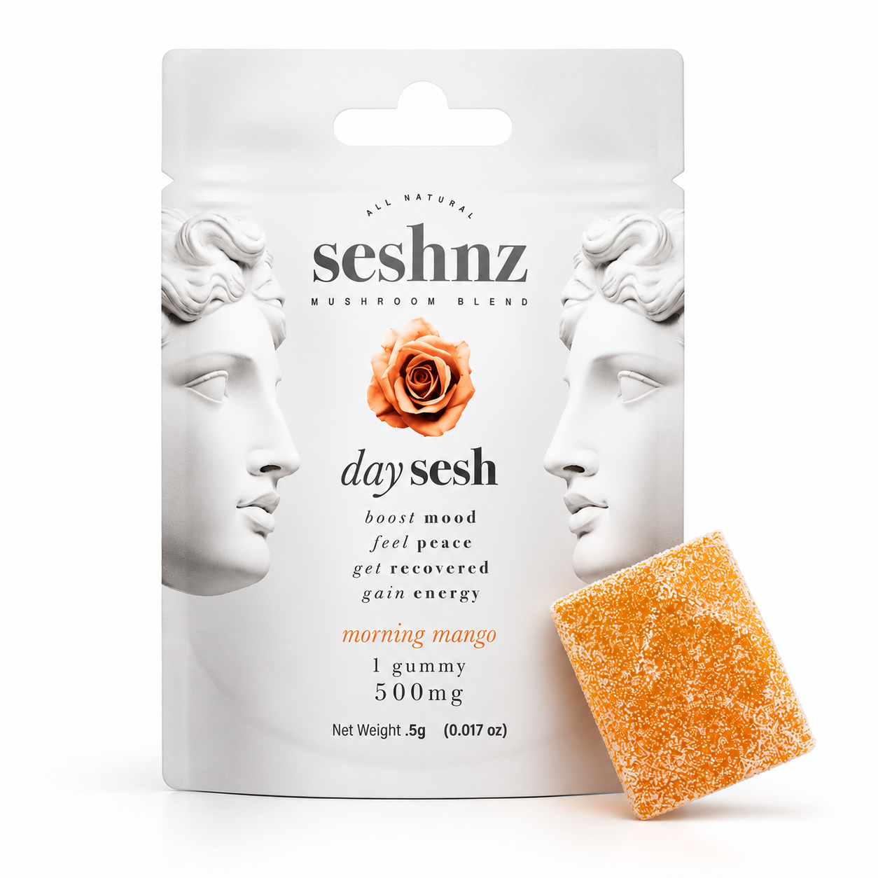 Seshnz Day Sesh Morning Mango functional mushroom gummy package with orange mango gummy candy on a clean white background for premium mushroom edible branding