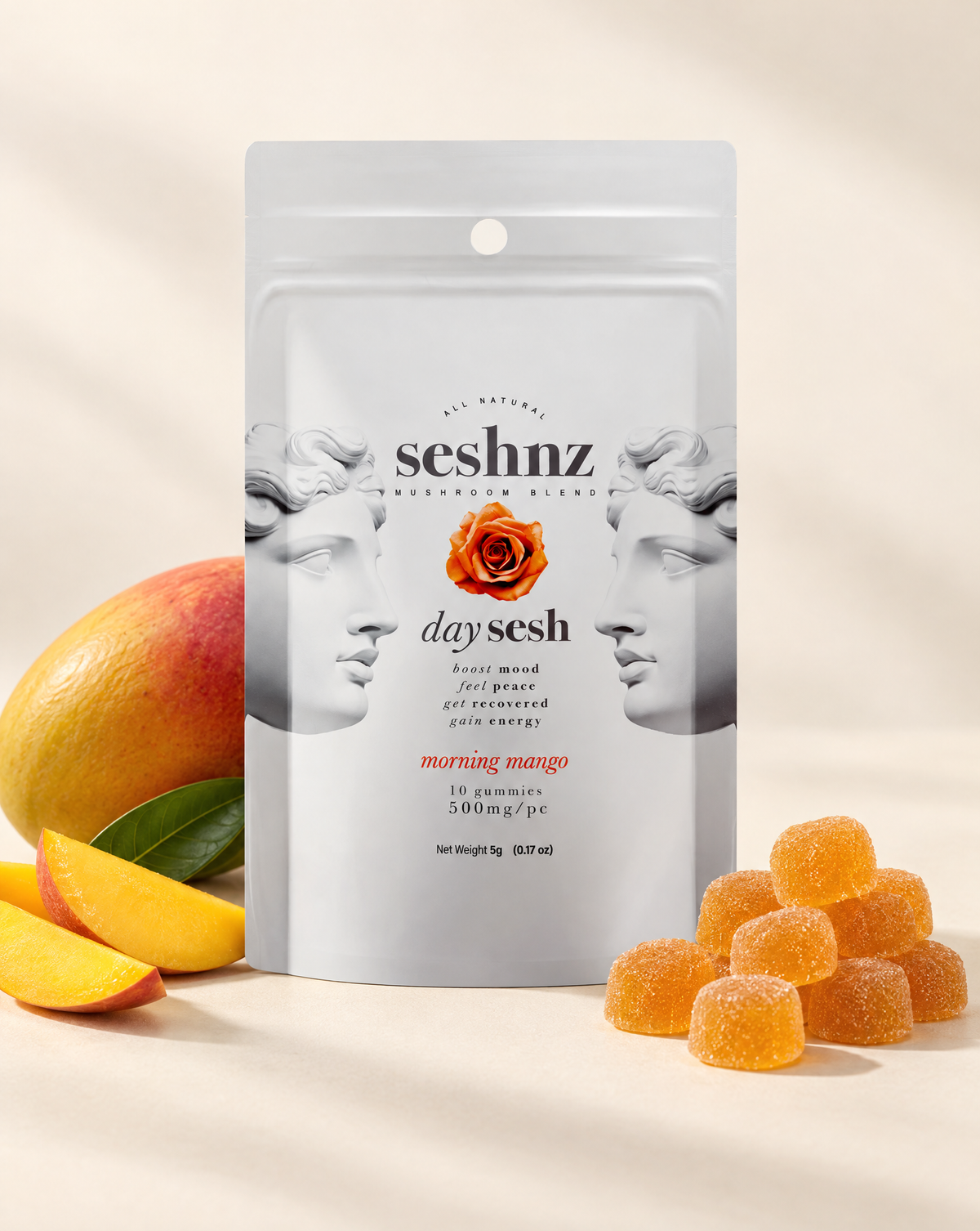 Seshnz Day Sesh Morning Mango mushroom gummies pouch with individual gummy pieces