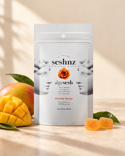 Seshnz Day Sesh Morning Mango mushroom gummies pouch with mango flavor styling
