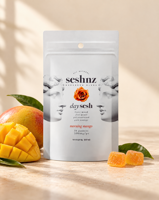 Seshnz Day Sesh Morning Mango mushroom gummies pouch with mango flavor styling
