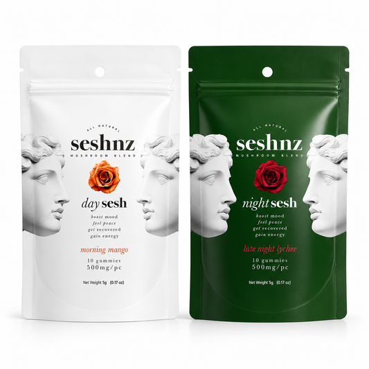 Seshnz Day Sesh and Night Sesh functional mushroom gummy packaging with Morning Mango and Late Night Lychee flavors on a clean white background for premium mushroom edible branding