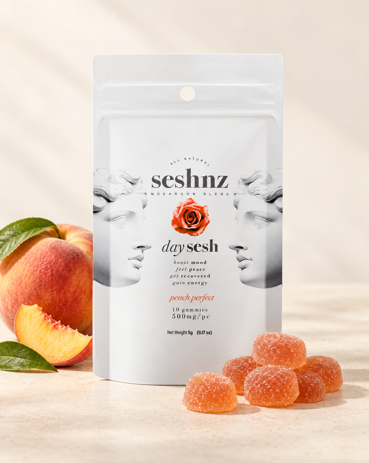 Seshnz Day Sesh Peach Perfect mushroom gummies pouch with individual gummy pieces