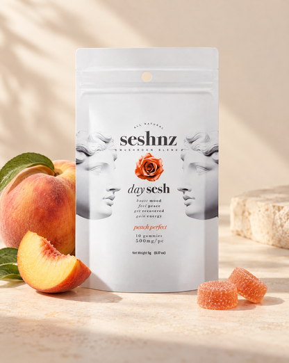 Seshnz Day Sesh Peach Perfect mushroom gummies pouch with peach flavor styling