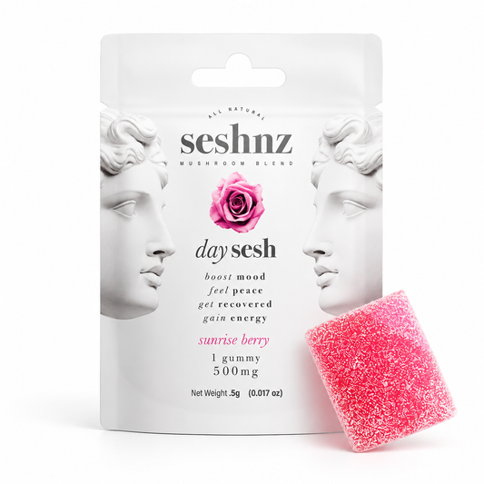 Seshnz Day Sesh Sunrise Berry functional mushroom gummy package with pink berry gummy candy on a clean white background for premium mushroom edible branding