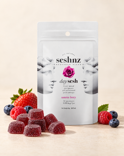 Seshnz Day Sesh Sunrise Berry mushroom gummies pouch with individual gummy pieces