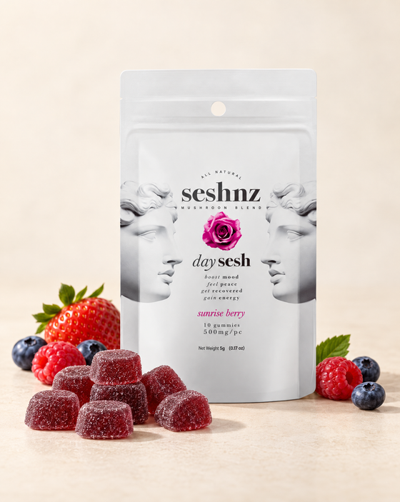 Seshnz Day Sesh Sunrise Berry mushroom gummies pouch with individual gummy pieces