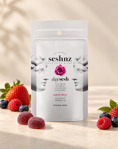 Seshnz Day Sesh Sunrise Berry mushroom gummies pouch with berry flavor styling
