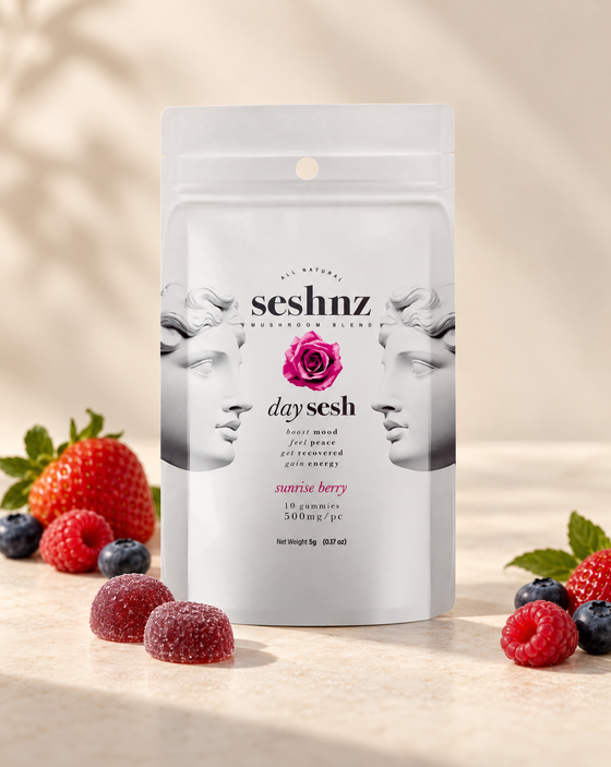 Seshnz Day Sesh Sunrise Berry mushroom gummies pouch with berry flavor styling