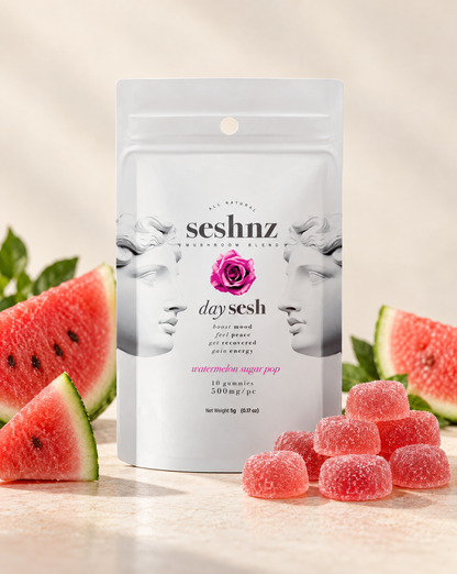 Seshnz Day Sesh Watermelon Sugar Pop mushroom gummies pouch with individual gummy pieces