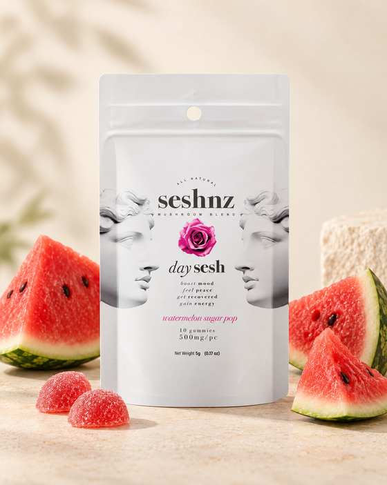 Seshnz Day Sesh Watermelon Sugar Pop mushroom gummies pouch with watermelon flavor styling