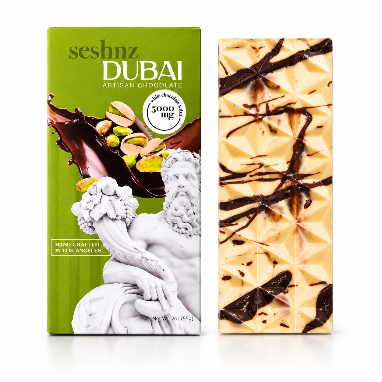 Seshnz Dubai artisan mushroom chocolate bar packaging with premium pistachio white chocolate square design on a clean white background for luxury functional mushroom edibles