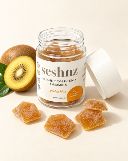 Seshnz Golden Kiwi 10g mushroom gummies 20-count jar with individual gummy pieces