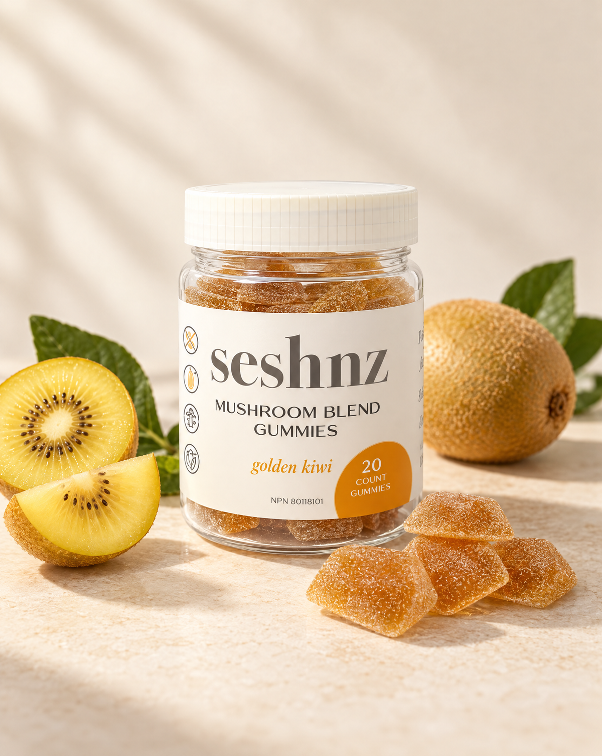 Seshnz Golden Kiwi 10g mushroom gummies 20-count jar with kiwi flavor styling