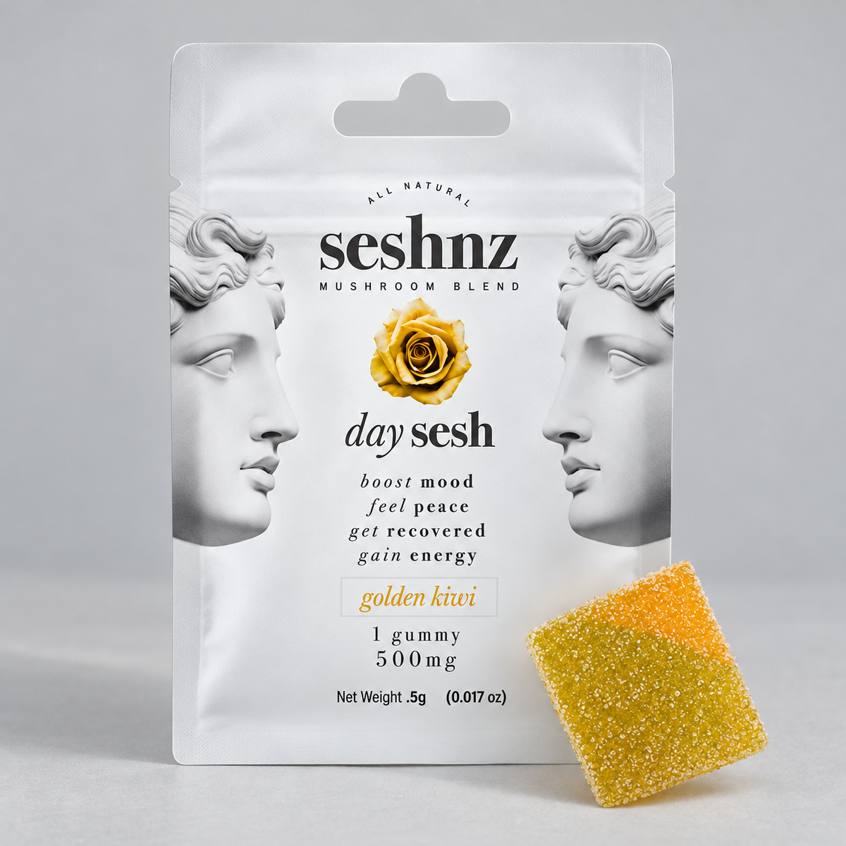 Seshnz Golden Kiwi single gummy package, alternate closer view