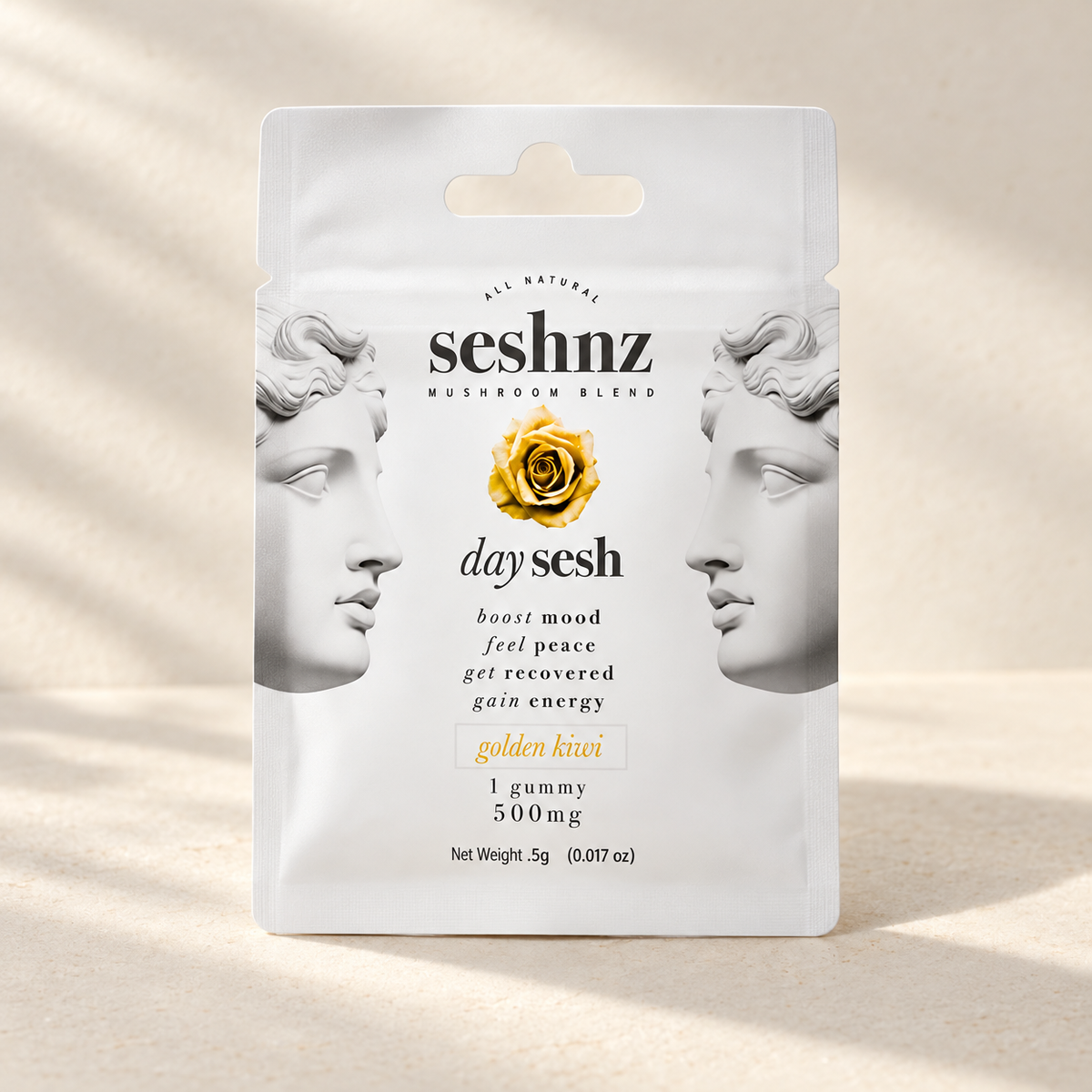 Seshnz Golden Kiwi single gummy package, neutral-background view