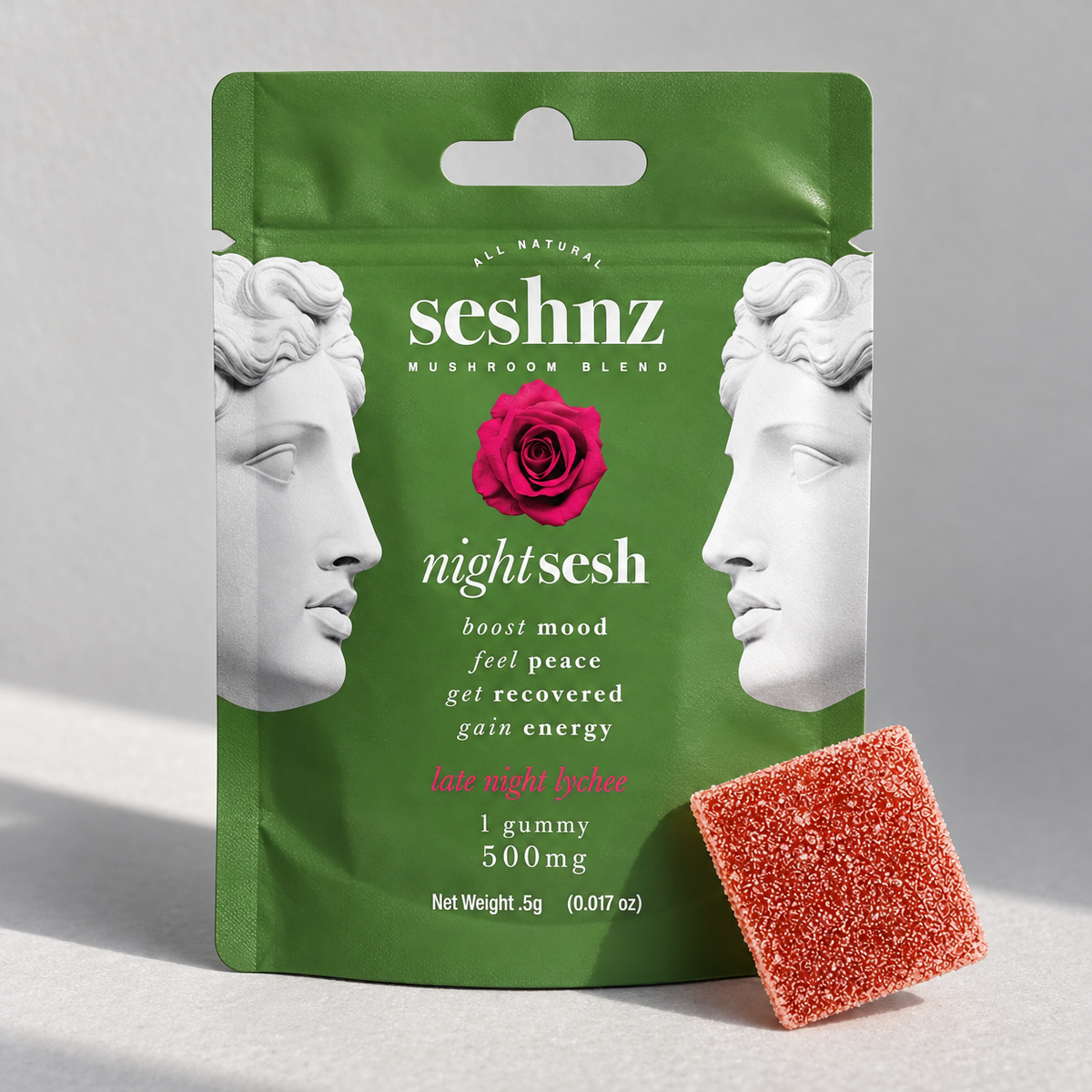 Seshnz Late Night Lychee single gummy package, alternate closer view