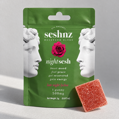 Seshnz Late Night Lychee single gummy package, alternate closer view