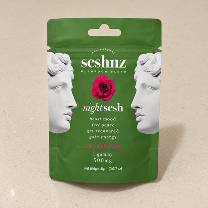 Seshnz Late Night Lychee single gummy package, neutral-background view