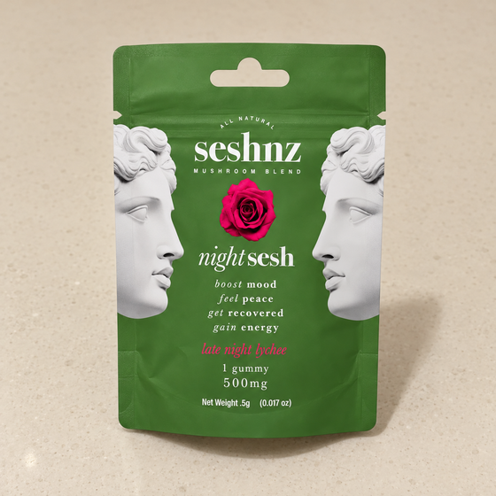Seshnz Late Night Lychee single gummy package, neutral-background view