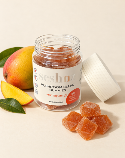 Seshnz Morning Mango 10g mushroom gummies 20-count jar with individual gummy pieces