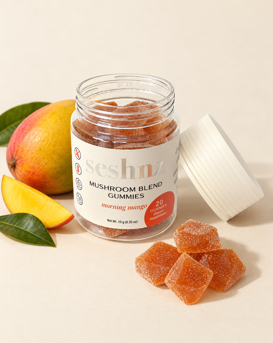 Seshnz Morning Mango 10g mushroom gummies 20-count jar with individual gummy pieces