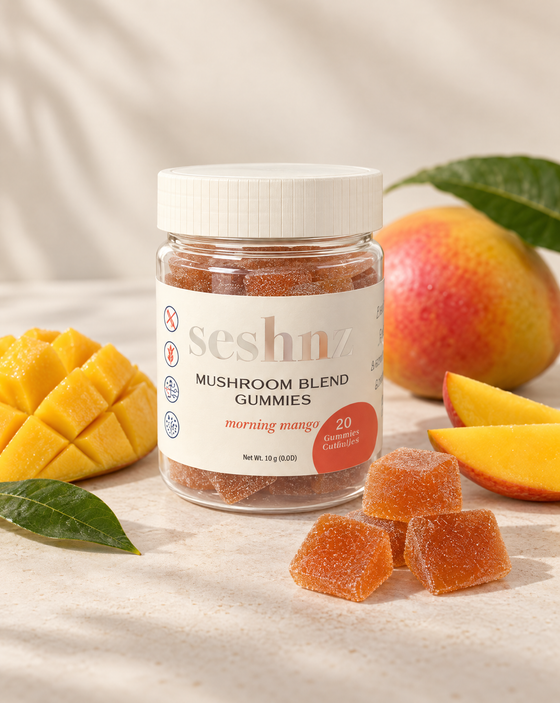 Seshnz Morning Mango 10g mushroom gummies 20-count jar with mango flavor styling