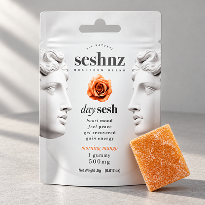 Seshnz Morning Mango single gummy package, alternative close view