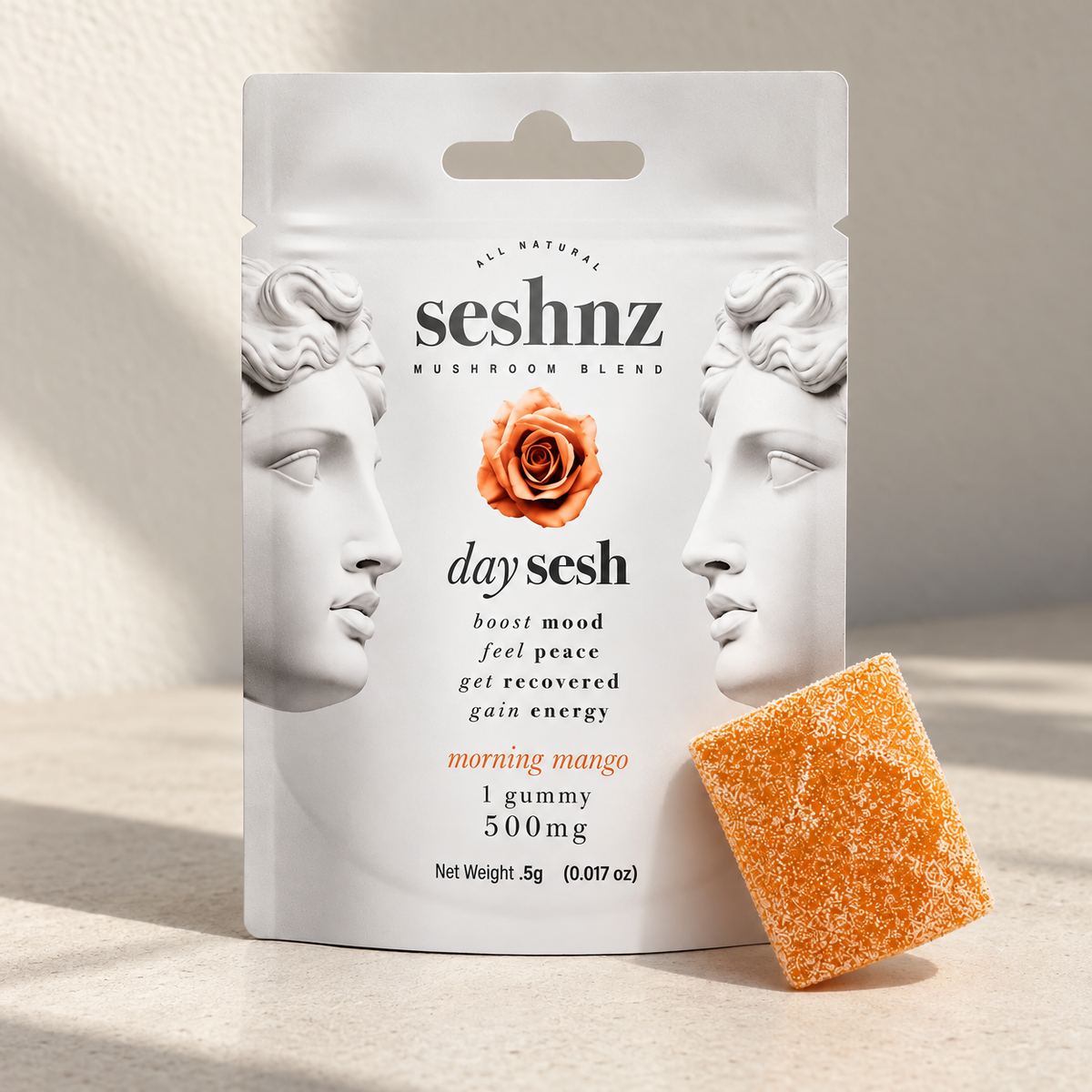 Seshnz Morning Mango single gummy package, neutral-background view