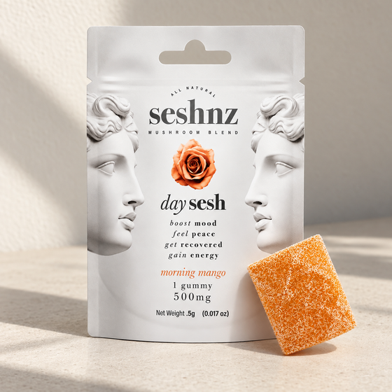 Seshnz Morning Mango single gummy package, neutral-background view