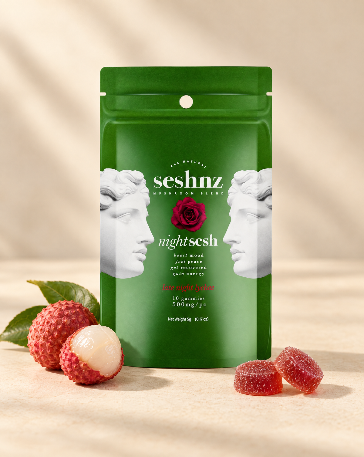 Seshnz Night Sesh Late Night Lychee mushroom gummies pouch with lychee flavor styling