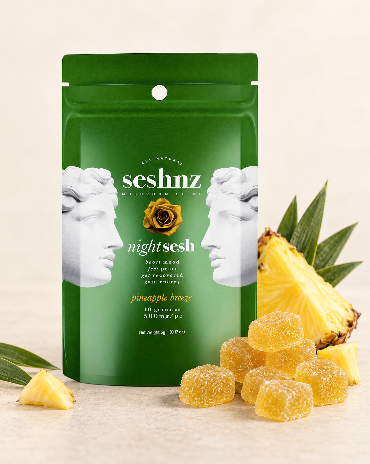 Seshnz Night Sesh Pineapple Breeze mushroom gummies pouch with individual gummy pieces