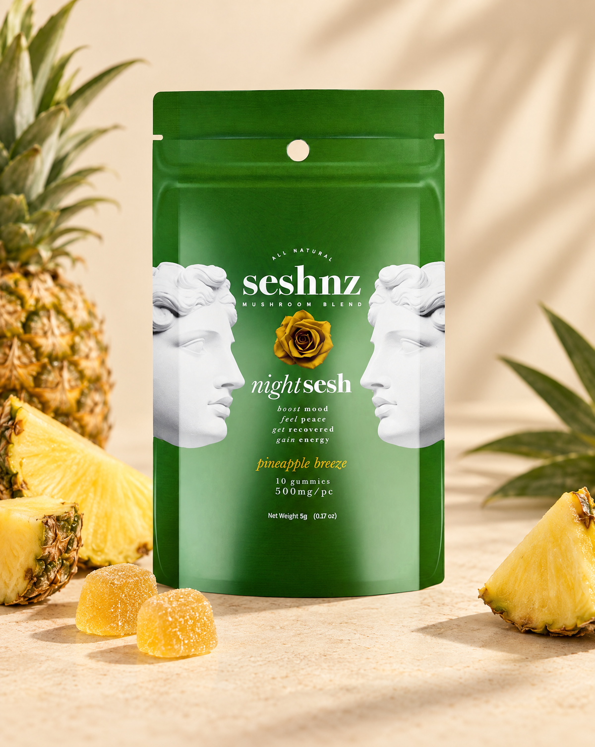 Seshnz Night Sesh Pineapple Breeze mushroom gummies pouch with pineapple flavor styling