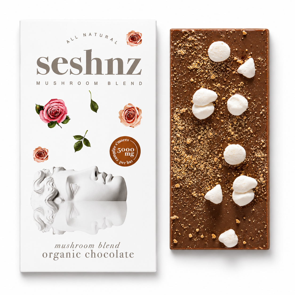 Seshnz organic Campfire S’mores mushroom chocolate bar with toasted marshmallow chocolate slab and premium functional mushroom edible packaging on a clean white background