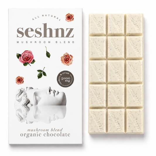Seshnz organic Cookies and Cream mushroom chocolate bar with premium white chocolate squares and functional mushroom edible packaging on a clean white background