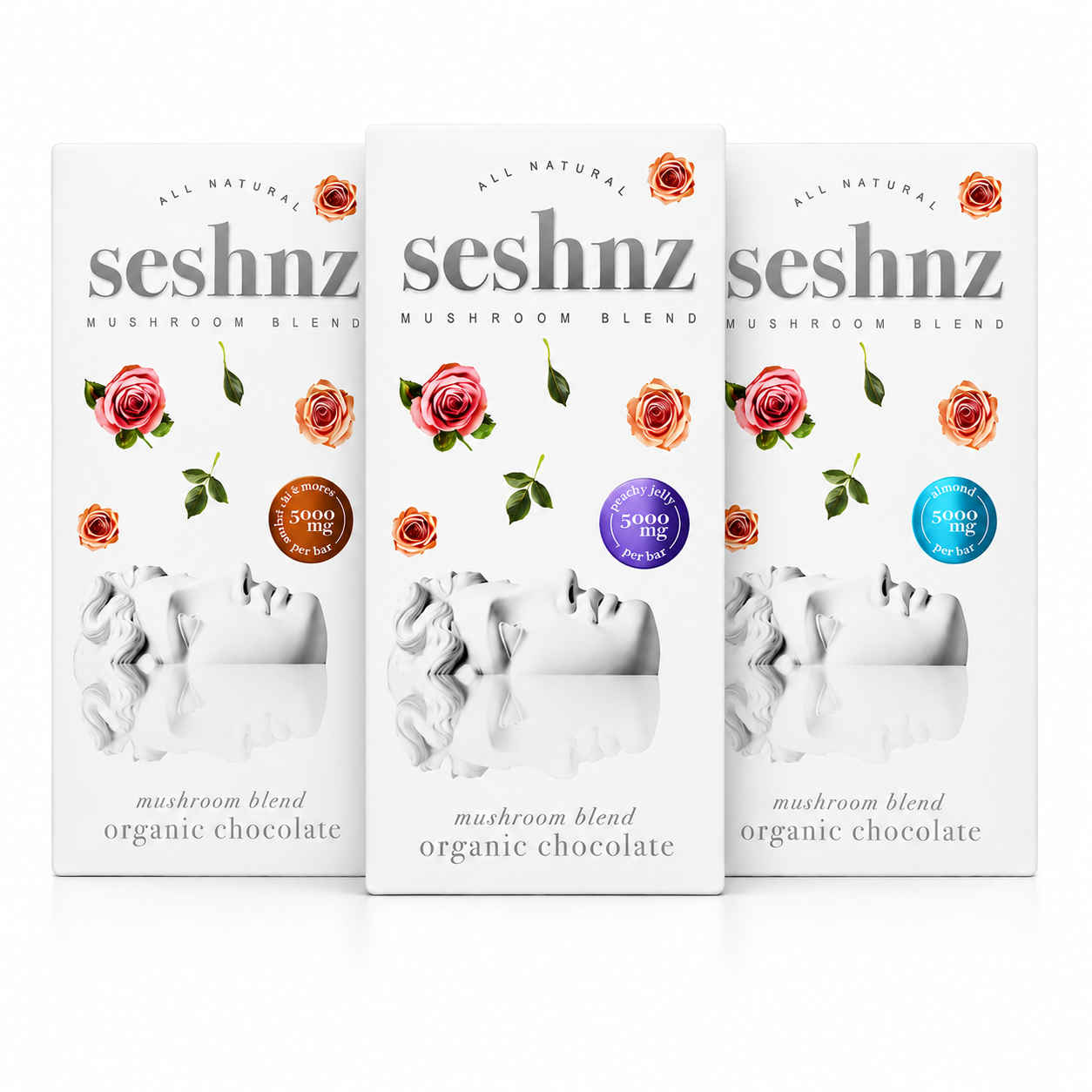 Seshnz organic mushroom chocolate bar trio pack with premium functional mushroom chocolate packaging assortment on a clean white background
