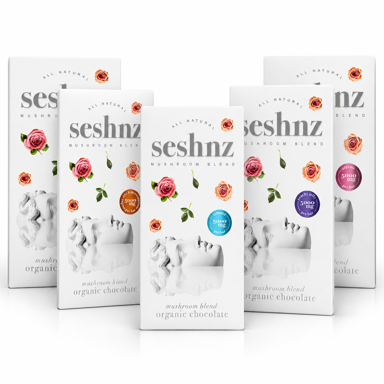 Seshnz organic mushroom chocolate bar variety pack with assorted premium functional mushroom chocolate packaging on a clean white background