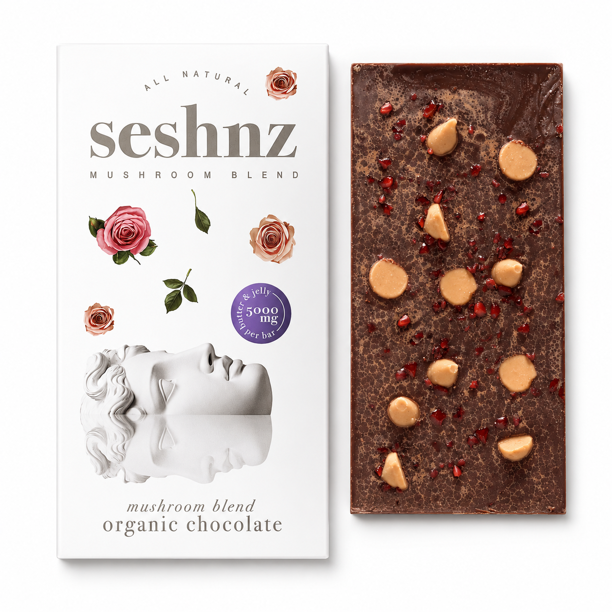 Seshnz organic peanut butter and jelly mushroom chocolate bar with premium chocolate slab and functional mushroom edible packaging on a clean white background
