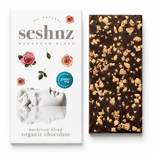 Seshnz organic Sea Salt Almond mushroom chocolate bar with almond topping and premium functional mushroom edible packaging on a clean white background