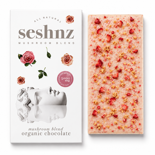 Seshnz organic Strawberry Milk mushroom chocolate bar with strawberry crumble topping and premium functional mushroom edible packaging on a clean white background