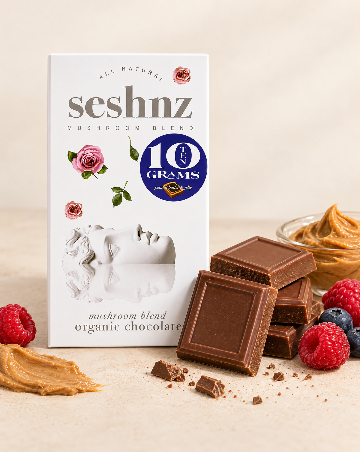 Seshnz Peanut Butter and Jelly 10g mushroom chocolate bar package with breakable chocolate pieces