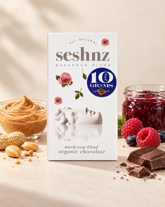 Seshnz Peanut Butter and Jelly 10g mushroom chocolate bar with peanut butter and berry flavor styling