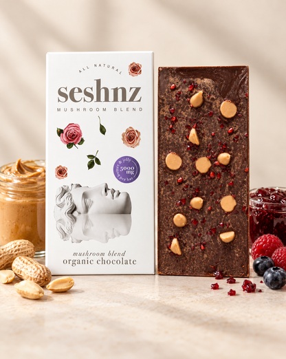 Seshnz Peanut Butter and Jelly mushroom chocolate bar with peanut butter and berry flavor styling