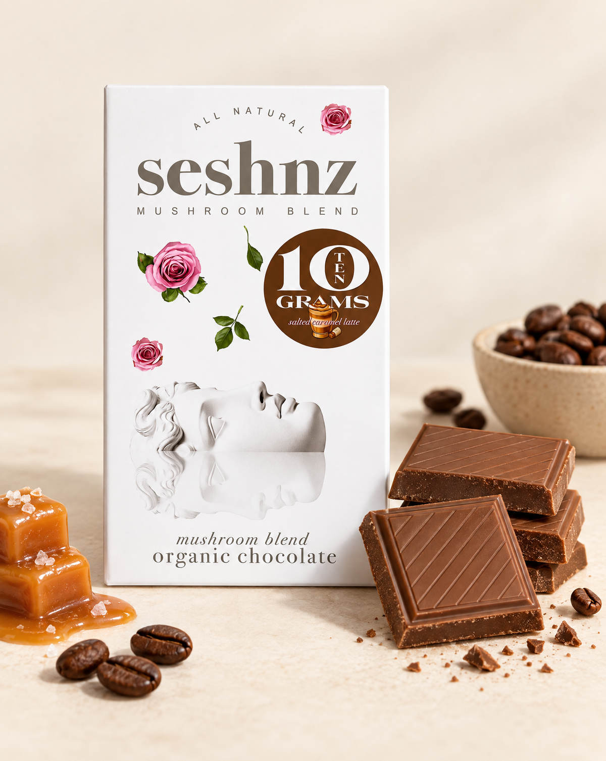 Seshnz Salted Caramel Latte 10g mushroom chocolate bar package with breakable chocolate pieces