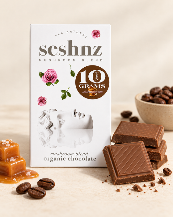 Seshnz Salted Caramel Latte 10g mushroom chocolate bar package with breakable chocolate pieces