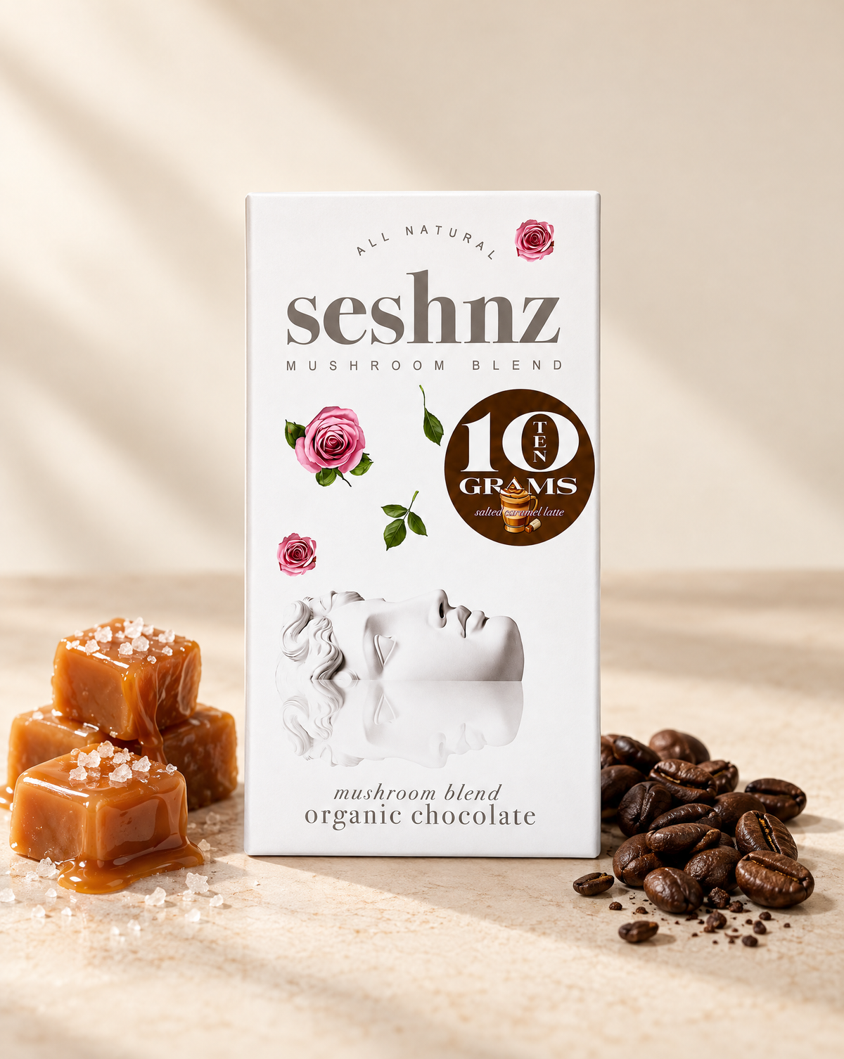 Seshnz Salted Caramel Latte 10g mushroom chocolate bar with caramel and coffee flavor styling