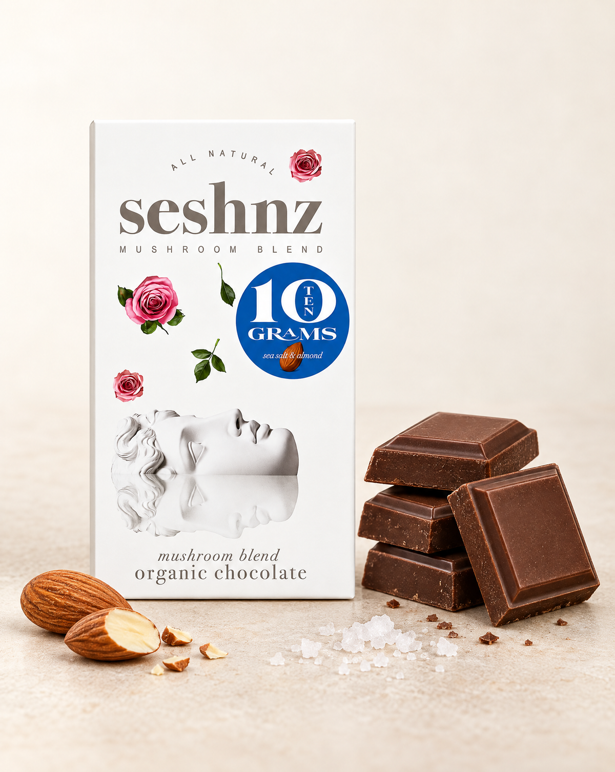 Seshnz Sea Salt Almond 10g mushroom chocolate bar package with breakable chocolate pieces