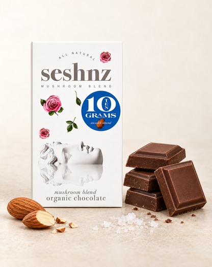 Seshnz Sea Salt Almond 10g mushroom chocolate bar package with breakable chocolate pieces