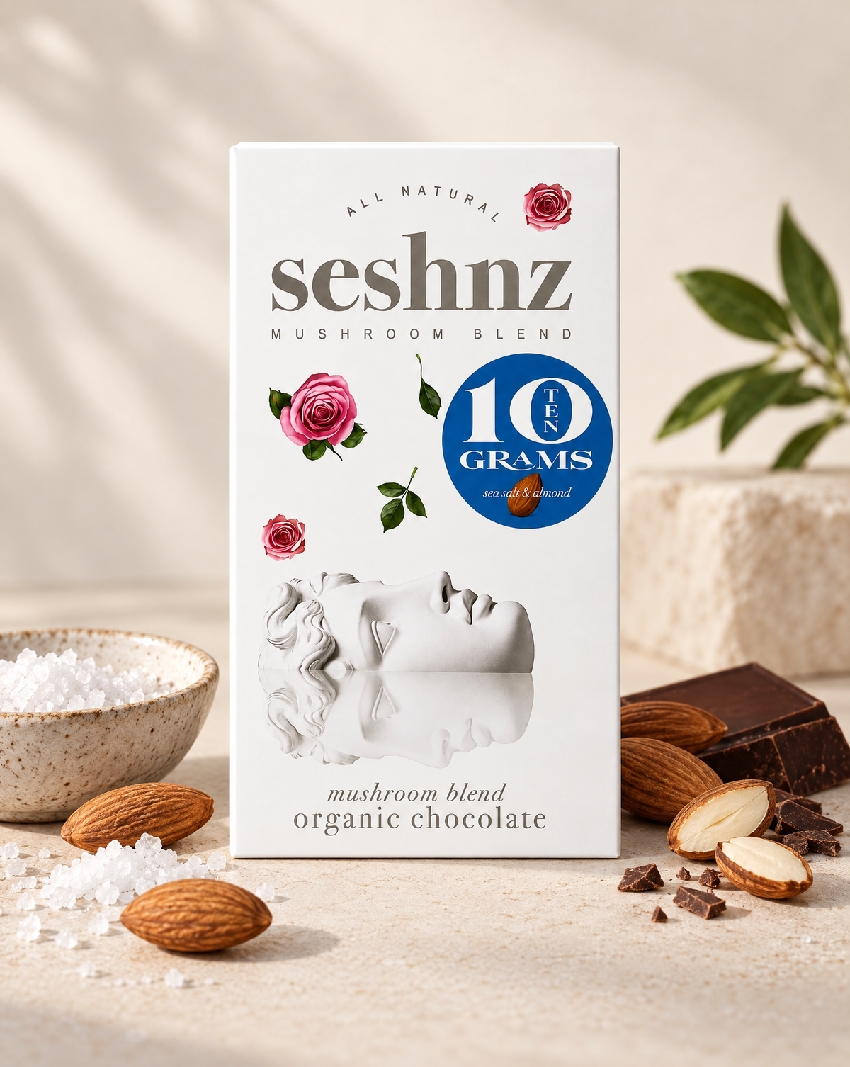 Seshnz Sea Salt Almond 10g mushroom chocolate bar with almond and sea salt flavor styling